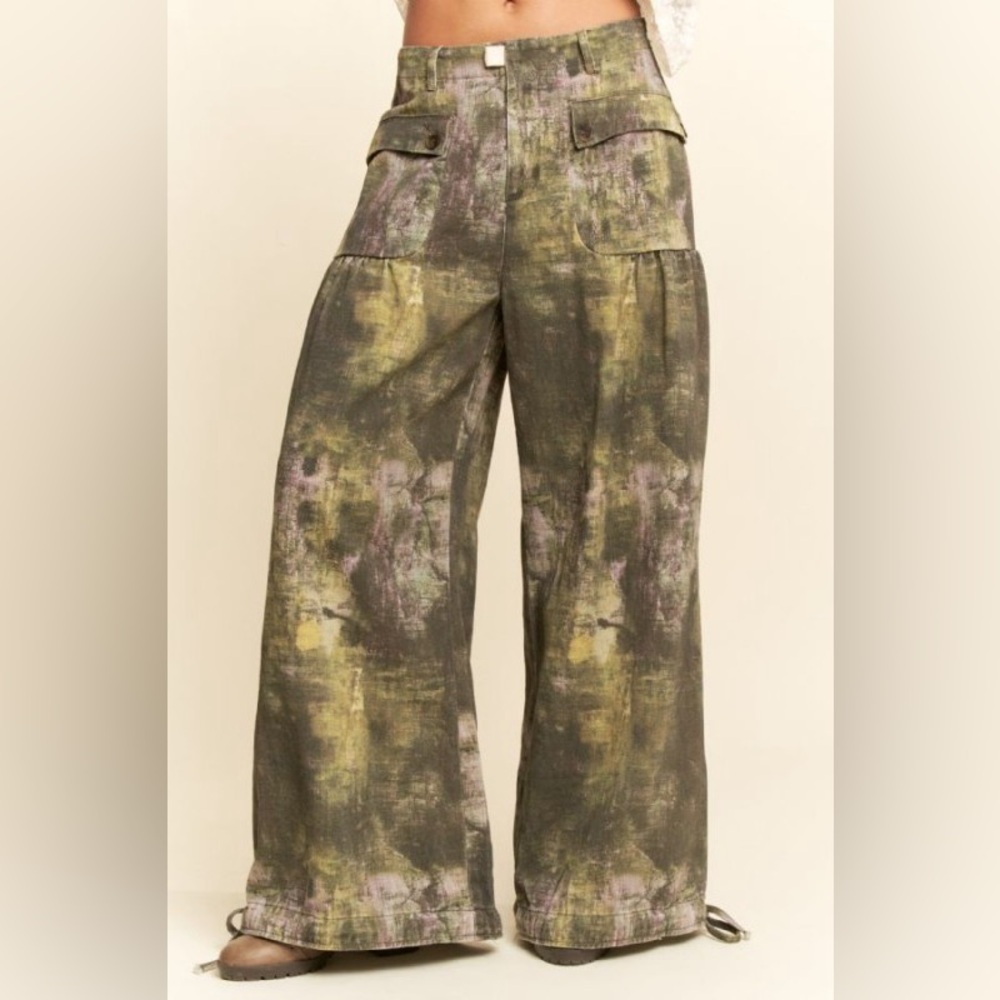 🟠424B-OLIVE. Tie Dye Denim Wide Leg/Jogger Pants